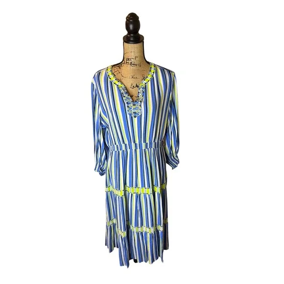 JOHN MARK Striped V Neck Tiered Midi Dress Blue Yellow Embellished Size L - Picture 3 of 13